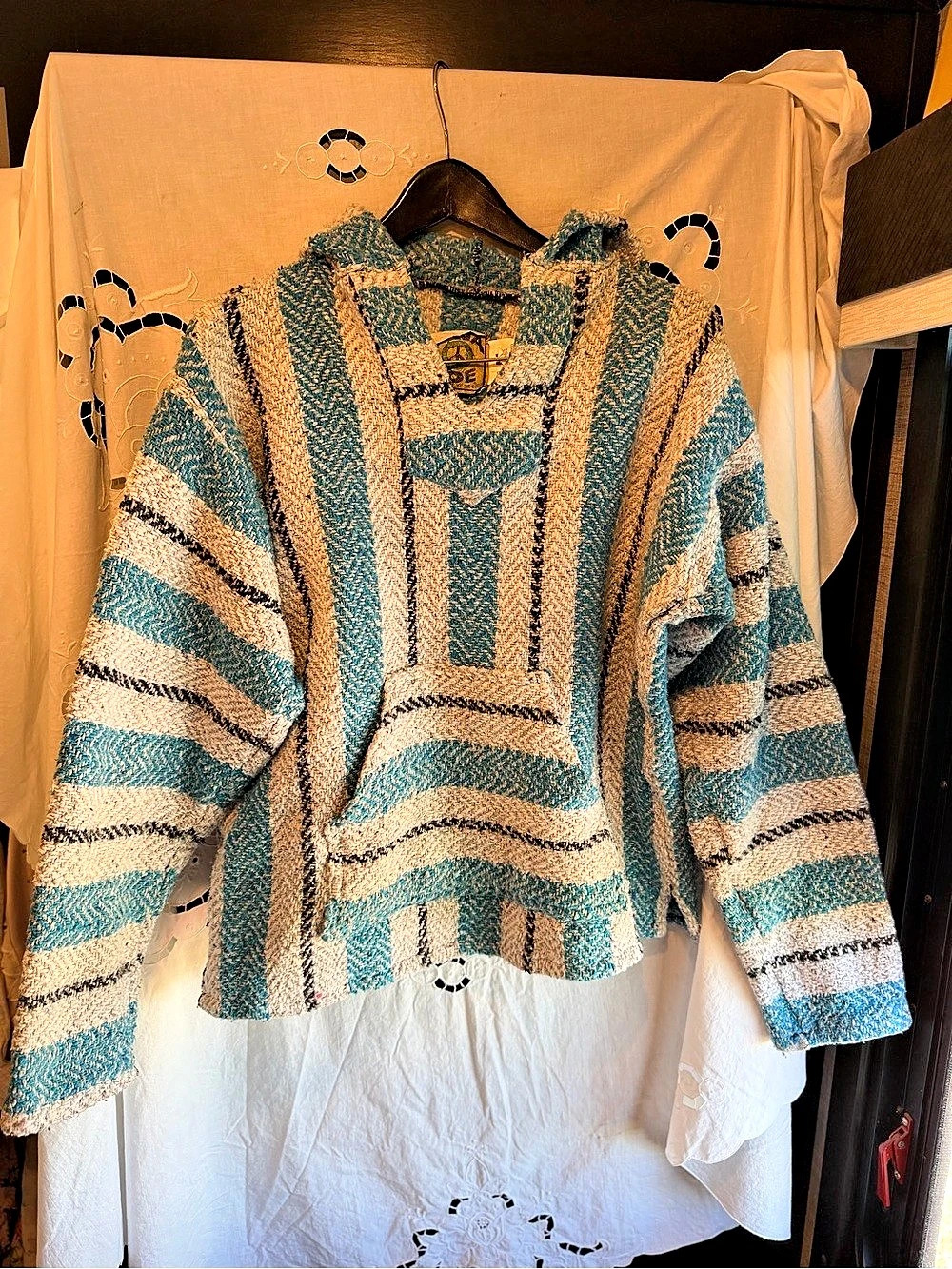 Baja Joe 2000s Mexican Baja Hoodie Drug Rug Teal Blue Cream Boho Unisex Pullover